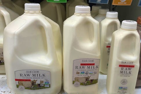 Bottles of raw milk are seen in a display in a Sprouts Farmers Market store in Los Angeles, California, U.S. April 29, 2024.