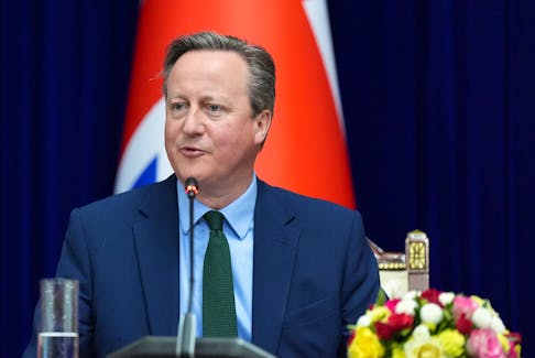 Britain's Foreign Secretary David Cameron speaks during a press conference with Kyrgyz Foreign Minister Jeenbek Kulubaev (not pictured), in Bishkek, Kyrgyzstan, during his five-day tour of the Central Asia region, April 22, 2024. Stefan Rousseau/Pool via