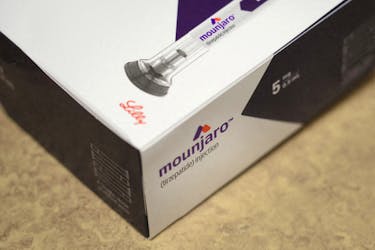 A box of Mounjaro, a tirzepatide injection drug used for treating type 2 diabetes and made by Lilly at Rock Canyon Pharmacy in Provo, Utah, U.S. March 29, 2023.