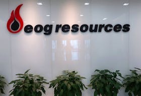 The logo of U.S. oil and gas company EOG Resources is seen in its office in Chongqing, China December 15, 2017. Picture taken December 15, 2017.