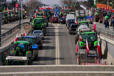 Polish farmers use tractors to protest against the European Union's Green Deal and imports of Ukrainian agricultural products, in Zakret, near Warsaw, Poland March 20, 2024.