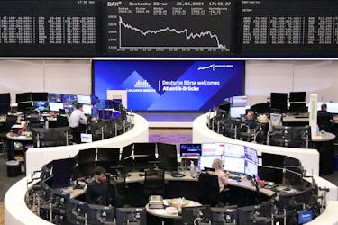 The German share price index DAX graph is pictured at the stock exchange in Frankfurt, Germany, April 30, 2024.    