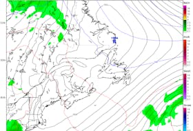 Global Canadian model of precipitation types, rates, and Mean Sea Level Pressure (MSLP) Saturday evening. High-pressure will help deliver fair weather to most of the region this weekend. -Contributed/TropicalTidbits.com