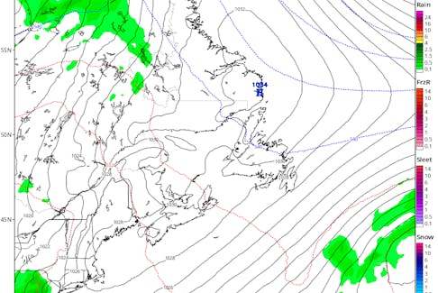 Global Canadian model of precipitation types, rates, and Mean Sea Level Pressure (MSLP) Saturday evening. High-pressure will help deliver fair weather to most of the region this weekend. -Contributed/TropicalTidbits.com