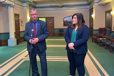 NAPE president Jerry Earle and Education Minister Krista Lynn Howell speak to reporters outside the House of Assembly about increased funding for student assistants. Evan Careen • The Telegram