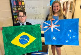 Bo McGeoghegan, left, and Olive Roberts, Grade 5 students at West Royalty Elementary School, took part in the UN summit on April 25. Dave Stewart • The Guardian