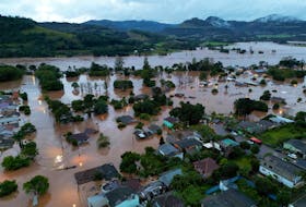 A drone view of the flooded area next to the Taquari River during heavy rains in the city of Encantado in Rio Grande do Sul, Brazil, May 1, 2024.