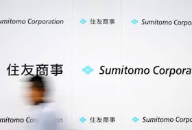 Logos of Sumitomo Corp are seen after the company's initiation ceremony at its headquarters in Tokyo, Japan April 2, 2018.