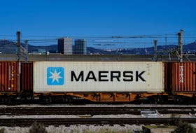 Maersk container is transported by a train near a port of Barcelona, Spain April 26, 2024.