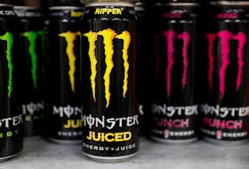 Monster energy drinks are seen for sale in a motorway services shop, Reading, Britain, January 25, 2019.