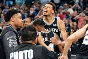 Apr 12, 2024; San Antonio, Texas, USA; San Antonio Spurs forward Victor Wembanyama (1) and teammates react after a victory over the Denver Nuggets at Frost Bank Center. Mandatory Credit: Scott Wachter-USA TODAY Sports/File Photo