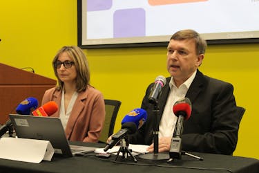 NL Health Services vice-president of human resources Debbie Molloy and CEO David Diamond speak at news conference on Thursday, May 2, where they outlined a two-year plan to phase out agency nurses by March 2026. Cameron Kilfoy • The Telegram
