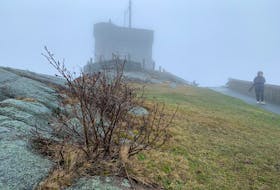 Another spring day in St. John’s. Cabot Tower looms out of the fog on a windy, wet Signal Hill, April 30, 2024. — Pam Frampton