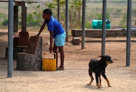 A dog stands near a boy as he prepares to carry a container to collect water as he stands under his house in the village of Papa Lea Lea on the outskirts of Port Moresby, Papua New Guinea, November 19, 2018.