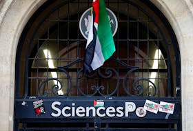 A general view of the occupied building of the Sciences Po University by masked youths in support of Palestinians in Gaza, during the ongoing conflict between Israel and the Palestinian Islamist group Hamas, in Paris, France, France, April 26, 2024.