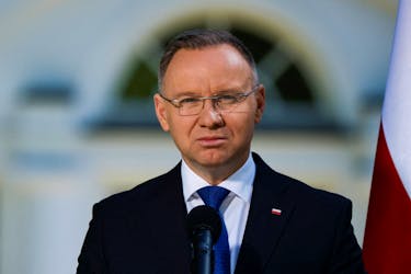Polish President Andrzej Duda gives a statement to media in connection with the 20th anniversary of Poland's accession to the European Union, in Warsaw, Poland, May 1, 2024.