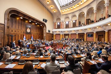 Serbia's Prime Minister-Designate Milos Vucevic presents a government program in the Parliament in Belgrade, Serbia, May 1, 2024.