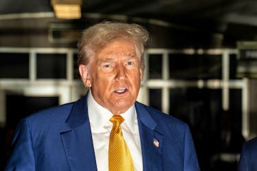 Former US President Donald Trump speaks to members of the media at Manhattan criminal court in New York, US, on Thursday, May 2, 2024. Photographer: Jeenah Moon/Pool via