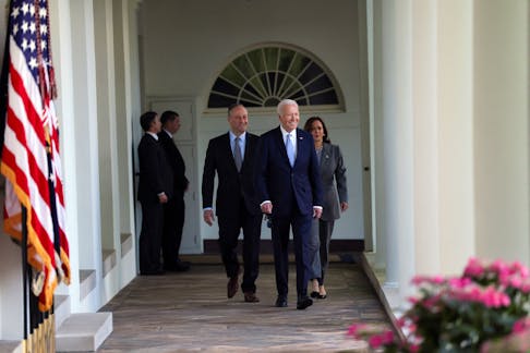 U.S. President Joe Biden, Vice President Kamala Harris and second gentleman Doug Emhoff walk to attend a celebration for Jewish American Heritage Month, at the White House, in Washington, U.S., May 20, 2024.