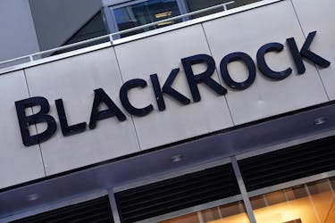 The BlackRock logo is pictured outside their headquarters in the Manhattan borough of New York City, New York, U.S., May 25, 2021. 