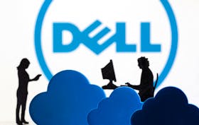 3D printed clouds and figurines are seen in front of the Dell logo in this illustration taken February 8, 2022.