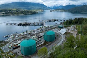 A drone view of three berths able to load vessels with oil is seen after their construction at Westridge Marine Terminal, the terminus of the Canadian government-owned Trans Mountain pipeline expansion project in Burnaby, British Columbia, Canada, April 26, 2024.