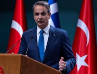 Greek Prime Minister Kyriakos Mitsotakis attends a press conference with Turkey's President Tayyip Erdogan (not seen) at the Presidential Palace in Ankara, Turkey, May 13, 2024.