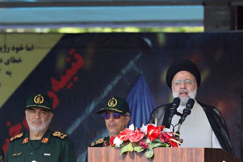 Iranian President Ebrahim Raisi delivers a speech during the National Army Day parade ceremony in Tehran, Iran, April 17, 2024. Majid Asgaripour/WANA (West Asia News Agency) via
