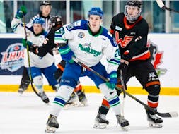 The Melfort Mustangs in action against the Winkler Flyers at the 2024 Centennial Cup national Jr. A hockey championship. PHOTO CREDIT Heather Pollock / Hockey Canada