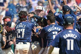 May 19, 2024; Cleveland, Ohio, USA; Cleveland Guardians left fielder Will Brennan (17) celebrates after hitting a walk off three run home run during the ninth inning against the Minnesota Twins at Progressive Field. Mandatory Credit: Ken Blaze-USA TODAY Sports