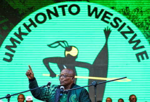 Former South African President Jacob Zuma speaks to his suppoters during the launch of the election manifesto of his new political party, uMkhonto we Sizwe, ahead of a general election on May 29, at a rally in Soweto, South Africa, May 18, 2024.