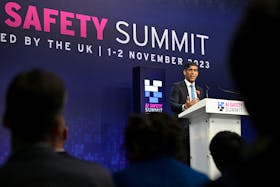 Britain's Prime Minister Rishi Sunak speaks during the closing press conference on the second day of the UK Artificial Intelligence (AI) Safety Summit at Bletchley Park, near Milton Keynes, Britain November 2, 2023. Justin Tallis/Pool via
