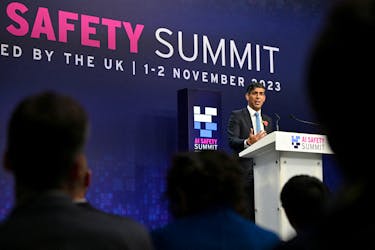 Britain's Prime Minister Rishi Sunak speaks during the closing press conference on the second day of the UK Artificial Intelligence (AI) Safety Summit at Bletchley Park, near Milton Keynes, Britain November 2, 2023. Justin Tallis/Pool via