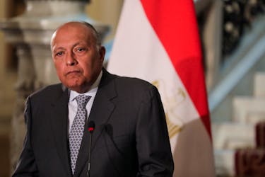 Egyptian Foreign Minister Sameh Shoukry attends a press conference with French Minister for Europe and Foreign Affairs Stephane Sejourne and Jordanian Foreign Minister Ayman Safadi following a meeting discussing the conflict between Israel and the Palestinian Islamist group Hamas, at Tahrir Palace, in Cairo, Egypt March 30, 2024.