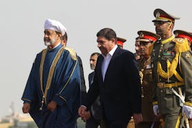 Iran's First Vice President Mohammad Mokhber welcomes Oman's Sultan Haitham bin Tariq upon his arrival at Mehrabad Airport in Tehran, Iran May 28, 2023.   Majid Asgaripour/WANA (West Asia News Agency) via