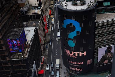 The Nasdaq Market site is seen on the day that shares of Truth Social and Trump Media & Technology Group start trading under the ticker "DJT", in New York City, U.S., March 26, 2024.