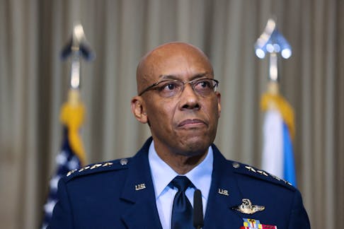 U.S. General Charles Q. Brown Junior looks on during a media statement with U.S. Secretary of Defense Lloyd Austin (not pictured) following a meeting of the Ukraine Defense Contact Group at the American military's Ramstein Air Base, near Ramstein-Miesenbach, Germany, March 19, 2024.