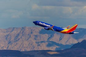 A Southwest commercial airliner takes off from Las Vegas International Airport in Las Vegas, Nevada, U.S., February 8, 2024. 