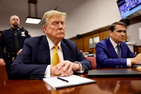 Former U.S. President Donald Trump sits in the courtroom at Manhattan Criminal Court with attorney Todd Blanche on May 21, 2024 in New York City. Michael M. Santiago/Pool via REUTERS