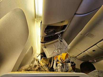 The interior of Singapore Airline flight SQ321 is pictured after an emergency landing at Bangkok's Suvarnabhumi International Airport, in Bangkok, Thailand May 21, 2024.  Obtained by Reuters/Handout via REUTERS