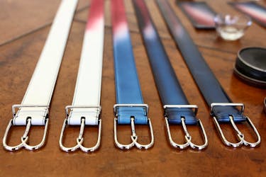 A view shows the evolution of the patina on the belts that will be worn by the French team athletes for the opening ceremony by LVMH's upscale menswear label Berluti, in a showroom at Berluti headquarters in Paris, France, April 10, 2024.