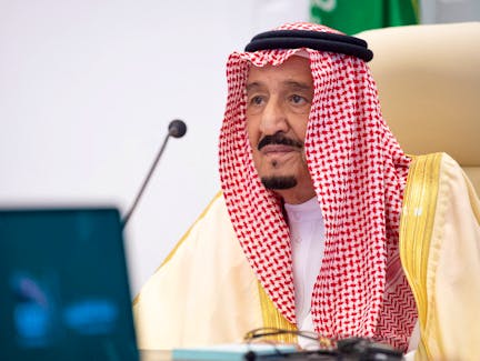 Saudi King Salman bin Abdulaziz gives a virtual speech during the 15th annual G20 Leaders' Summit in Riyadh, Saudi Arabia, November 22, 2020. Bandar Algaloud/Courtesy of Saudi Royal Court/Handout via