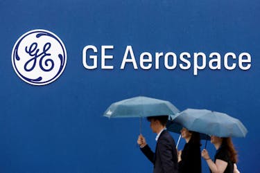 View of the GE Aerospace chalet at the 54th International Paris Air Show at Le Bourget Airport near Paris, France, June 22, 2023.