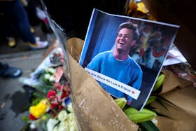 A makeshift memorial for actor Matthew Perry, the wise-cracking co-star of the 1990s hit television sitcom "Friends," who was found dead at his Los Angeles home October 28, is pictured on Bedford Street in Manhattan in New York City, U.S., October 30, 2023.