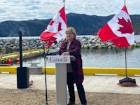 Rural Economic Development Minister and minister responsible for the Atlantic Canada Opportunities Agency Gudie Hutchings speaks during the official opening of the new Neddies Harbour small boat basin in Norris Point on Friday, May 17. Contributed