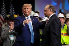 U.S. President Donald Trump greets Harold Hamm after he was introduced by Hamm at the Shale Insight 2019 Conference in Pittsburgh, Pennsylvania, U.S., October 23, 2019.