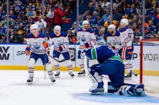 May 20, 2024; Vancouver, British Columbia, CAN; Edmonton Oilers forward Ryan Nugent Hopkins (93) and forward Zach Hyman (18) and defenseman Evan Bouchard (2) and forward Leon Draisaitl (29) and forward Connor McDavid (97) celebrate Nugent HopkinsÕ goal against the Vancouver Canucks during the second period in game seven of the second round of the 2024 Stanley Cup Playoffs at Rogers Arena. Mandatory Credit: Bob Frid-USA TODAY Sports