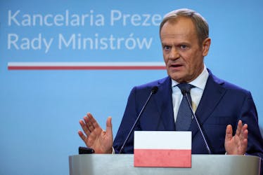 Polish Prime Minister Donald Tusk looks on during a press conference with Danish Prime Minister Mette Frederiksen (not pictured) in Warsaw, Poland, April 15, 2024.