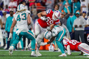FILE PHOO: Sep 17, 2023; Foxborough, Massachusetts, USA; New England Patriots guard Cole Strange (69) runs the ball during the second half against the Miami Dolphins at Gillette Stadium. Mandatory Credit: Paul Rutherford-USA TODAY Sports