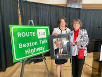 Former premier Beaton Tulk's daughter, Christina (left), and wife, Dora, at a provincial event Tuesday in St. John's to rename a portion of Route 300. Jenna Head • The Telegram